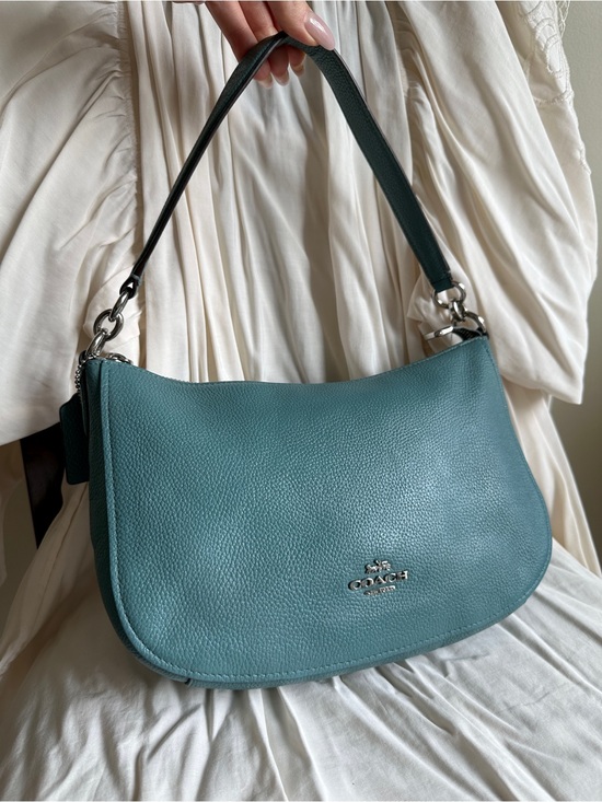 Coach Handbags - Coach Teal Pebbled Leather Shoulder Bag with Silver Hardware